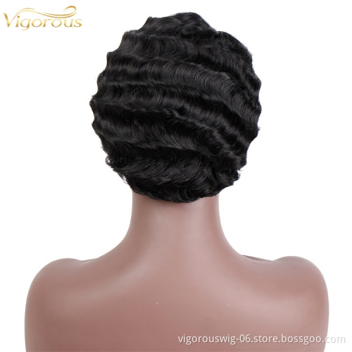 Vigorous Short Finger Wave Cheap Wigs For Women Hair Pixie Cut Machine Made  Synthetic  Wigs No Lace Front